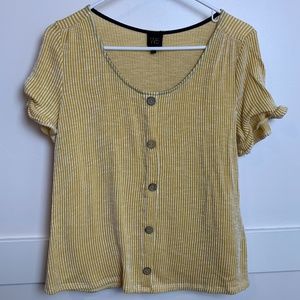W5 Yellow Ribbed Button Ruffle Short Sleeve Blouse